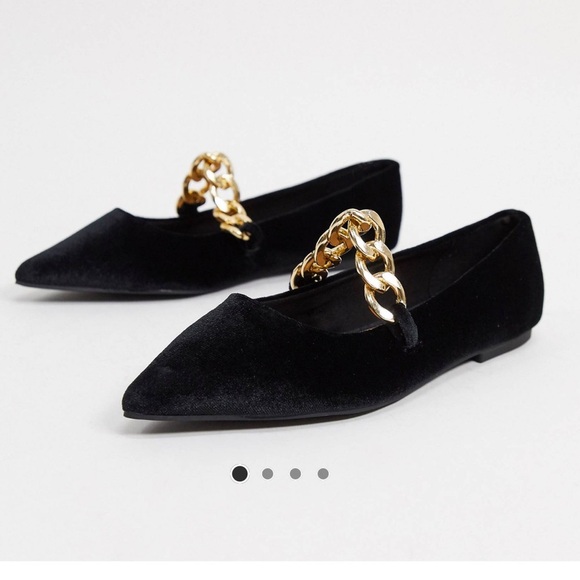 ASOS DESIGN Lise pointed chain ballet flats in black velvet size 11‎ - Picture 1 of 5
